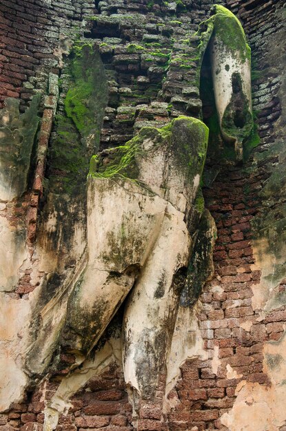 Visualizza il paesaggio della statua del buddha a Wat Phra Si Iriyabot in un edificio antico e le rovine della città di Kamphaeng Phet Historical Park è un sito archeologico e l'area di Aranyik a Kamphaeng Phet Thailandia