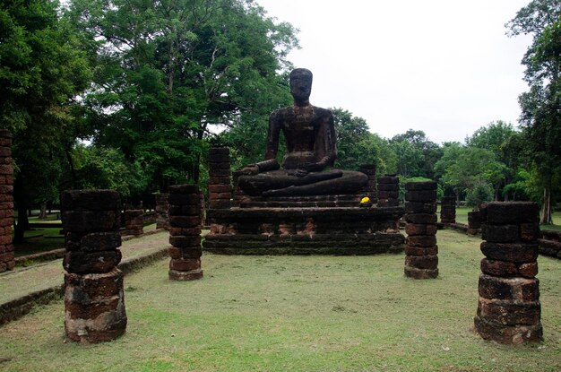 Visualizza il paesaggio della statua del buddha a Wat Phra Sing in un edificio antico e le rovine della città di Kamphaeng Phet Historical Park è un sito archeologico e l'area di Aranyik a Kamphaeng Phet Thailandia