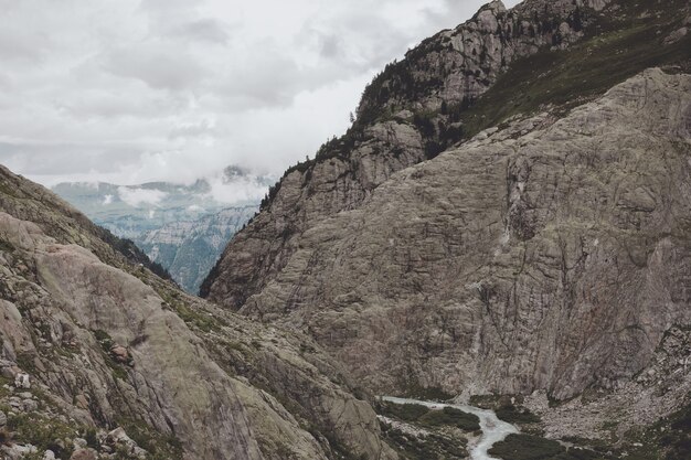 Visualizza le scene del fiume del primo piano in montagne, parco nazionale Svizzera, Europa. Paesaggio estivo, tempo soleggiato e giornata di sole