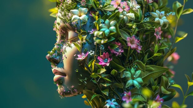 Visualizza una scultura femminile in stile 3D perfettamente integrata con fiori primaverili vibranti che fioriscono attraverso e intorno alla sua forma Questa rappresentazione artistica dovrebbe evidenziare l'AI Generative