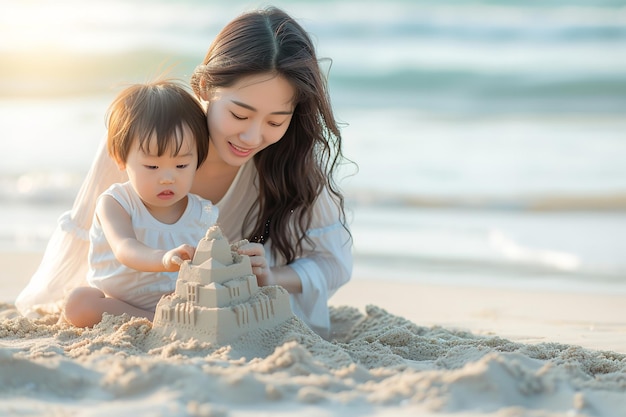 Visualizzate una piccola figlia e una giovane madre asiatica che fabbricano un castello di sabbia sulla costa.