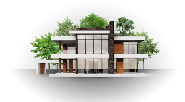 Visualizzazione 3D della casa su sfondo bianco. Architettura moderna. Modello 3D della casa