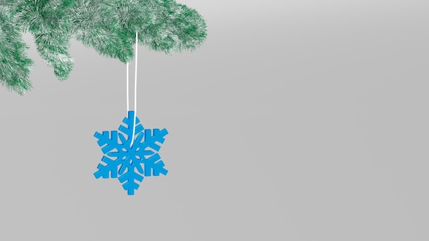 Visualizzazione 3D di un ramo di un albero di Natale con un fiocco di neve