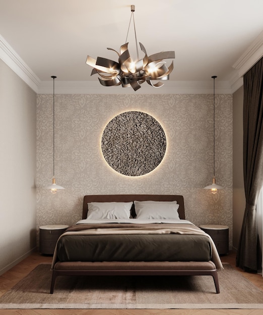 Visualizzazione 3D di una camera da letto moderna. Concetto di interior design. Interni in stile classico moderno.