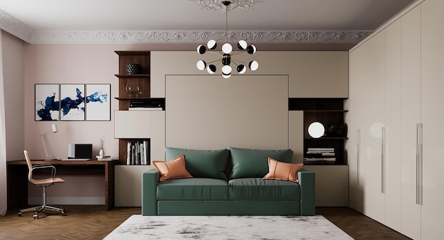 Visualizzazione 3D di una camera da letto moderna. Concetto di interior design. Interni in stile classico moderno.