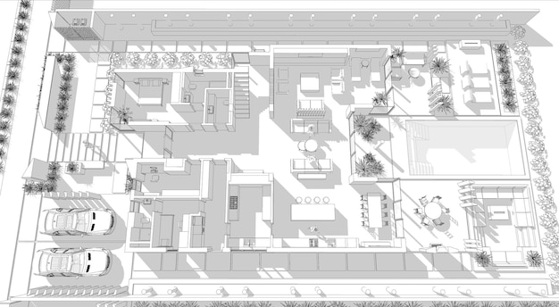 Visualizzazione 3D di una casa moderna con un grande appezzamento. Casa con finestre panoramiche. architetto di lusso