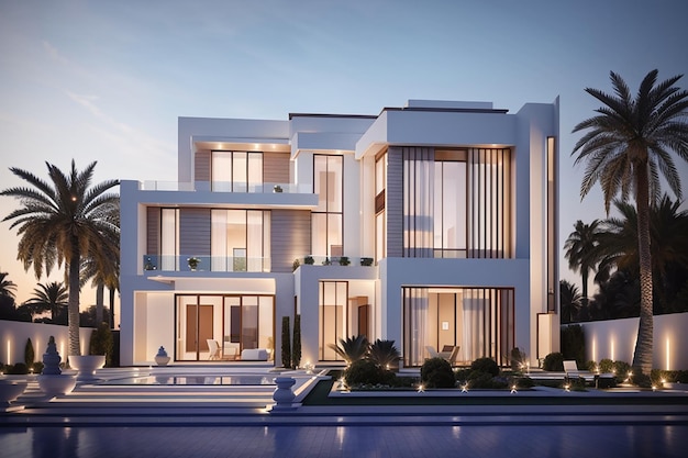 Visualizzazione 3D di una villa a Dubai, architettura moderna, illuminazione serale della facciata