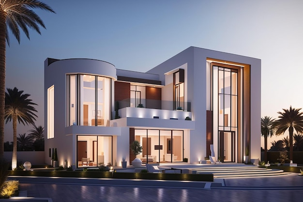 Visualizzazione 3D di una villa a Dubai, architettura moderna, illuminazione serale della facciata