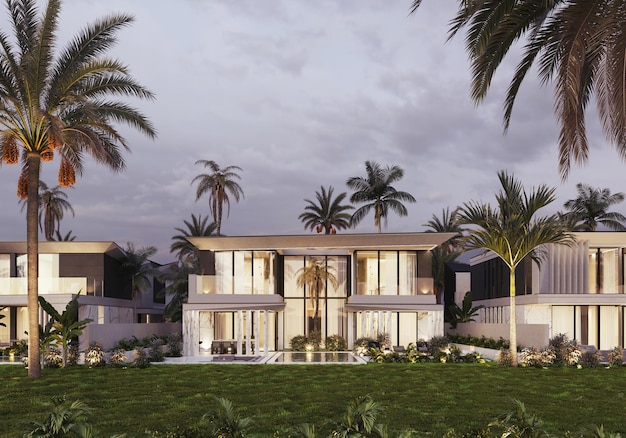 Visualizzazione 3D di una villa a Dubai. Architettura moderna. Illuminazione serale della facciata