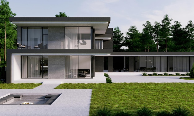 Visualizzazione 3D di una villa di lusso in stile moderno. casa di lusso