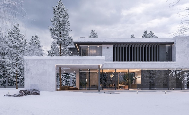 Visualizzazione 3D di una villa in inverno. Casa nella neve.