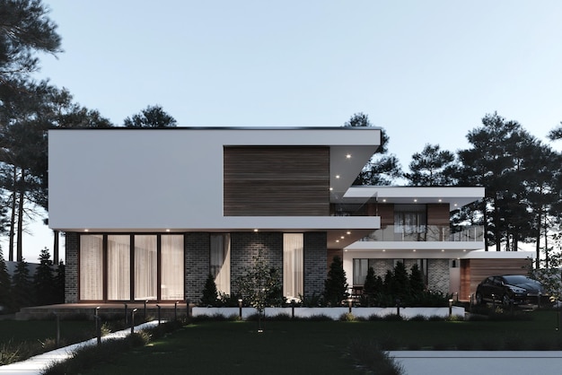 Visualizzazione 3D di una villa moderna con un grande appezzamento. Una casa privata. Illuminazione serale.