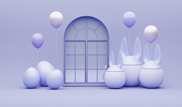 Visualizzazione 3D finestra arco creativo podio su sfondo viola Uova di Pasqua con orecchie di coniglio
