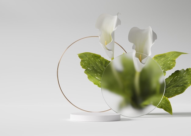 Visualizzazione 3D podio sfondo bianco Fiore naturale con piedistallo Mockup prodotto cosmetico