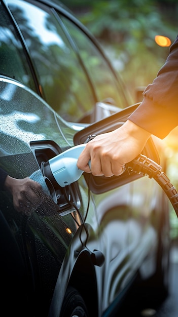 Visualizzazione a mano della spina di ricarica elettrica per la ricarica di automobili a energia pulita