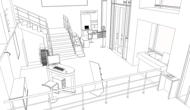 visualizzazione del contorno dell'ufficio illustrazione 3D del profilo dello schizzo