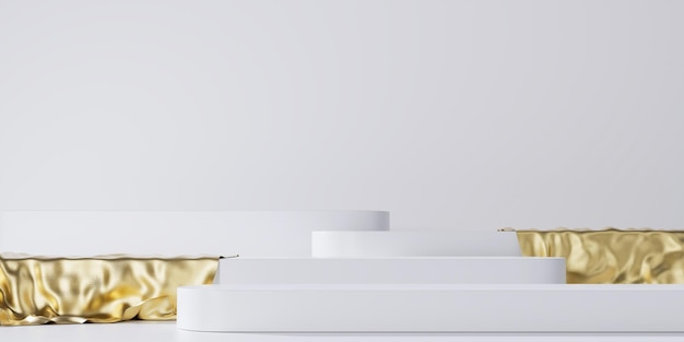 Visualizzazione del podio del gradino dello sfondo 3D Cosmetici promozione del prodotto di bellezza piedistallo bianco con tenda pieghe del tessuto dorato Piedistallo di lusso con gradino minimo per la presentazione del prodotto cosmetico di bellezza Rendering 3D