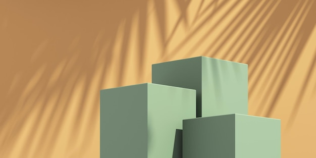 Visualizzazione del podio del prodotto 3D e sfondo dell'ombra dell'albero, sfondo del modello del prodotto, illustrazione di rendering 3D