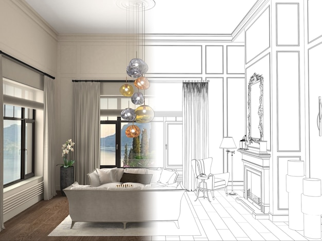 visualizzazione dell'illustrazione 3D dell'interior design residenziale moderno cg render