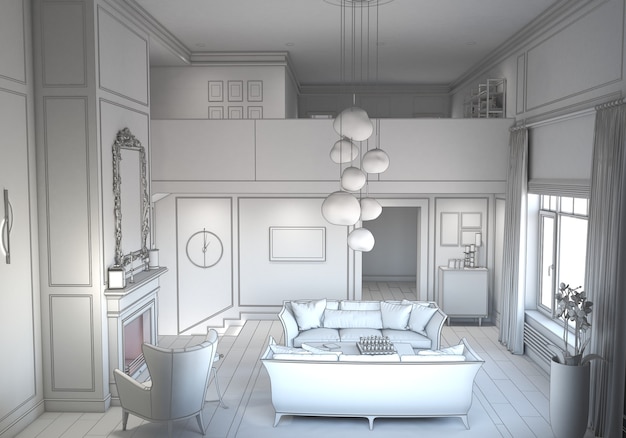 visualizzazione dell'illustrazione 3D dell'interior design residenziale moderno cg render