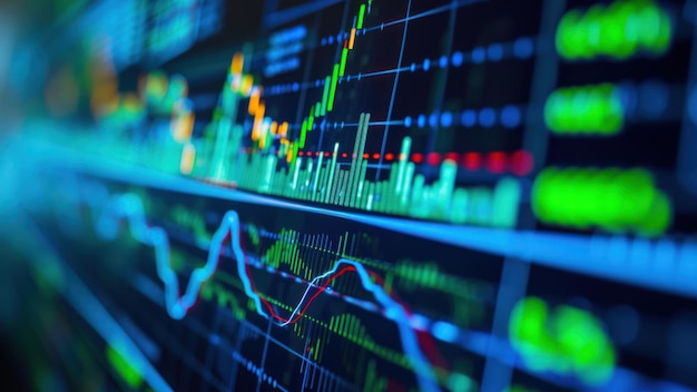 Visualizzazione dettagliata di un'interfaccia di borsa su uno schermo di computer, grafici e numeri