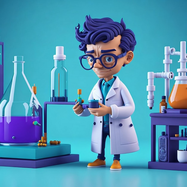 Visualizzazione di un chimico maschio 3D in laboratorio con l'icona di stile immagine carina illustrazione di un chemico maschio in stile comico
