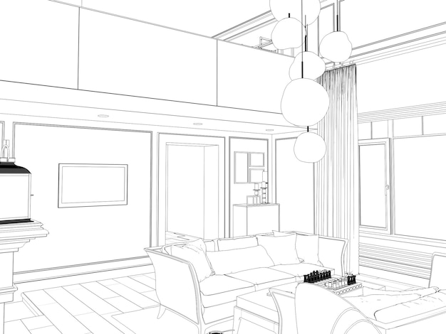 Visualizzazione di un interno moderno residenziale in uno schizzo di illustrazione 3D in stile classico