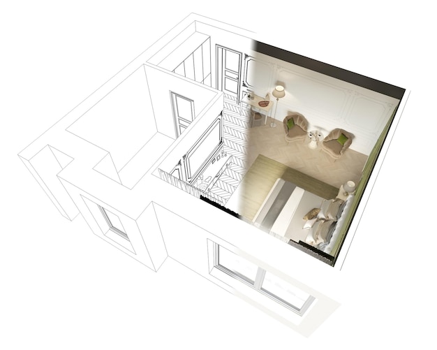 visualizzazione interna residenziale, illustrazione 3D