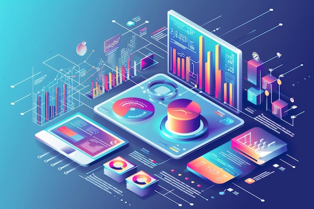 visualizzazione isometrica Marketing digitale Analisi dei dati Rapporto di intuizione Motore di ricerca e scienza dei dati sulle reti sociali AI generata