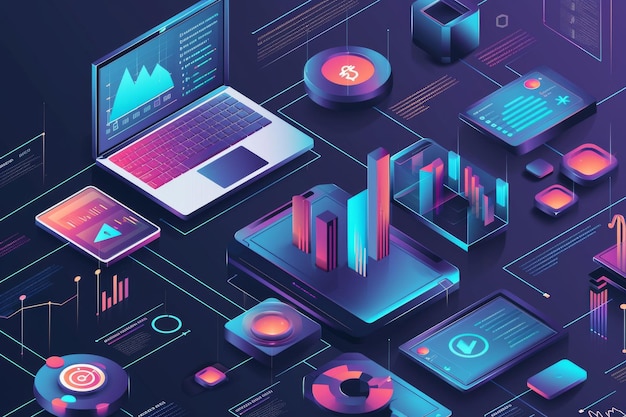 visualizzazione isometrica Marketing digitale Analisi dei dati Rapporto di intuizione Motore di ricerca e scienza dei dati sulle reti sociali AI generata