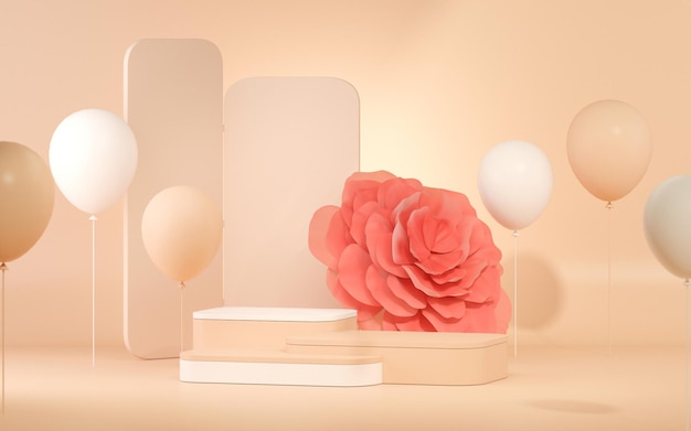 Visualizzazione podio 3D sfondo rosa pastello con fiori di peonia Rendering 3d di ombre a bolle e foglie di palma