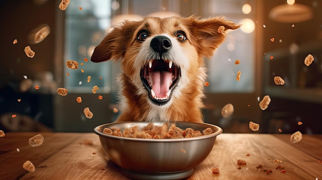 Vita domestica con animali Dare da mangiare a un cane affamato Il proprietario dà al suo cane una ciotola di granuli