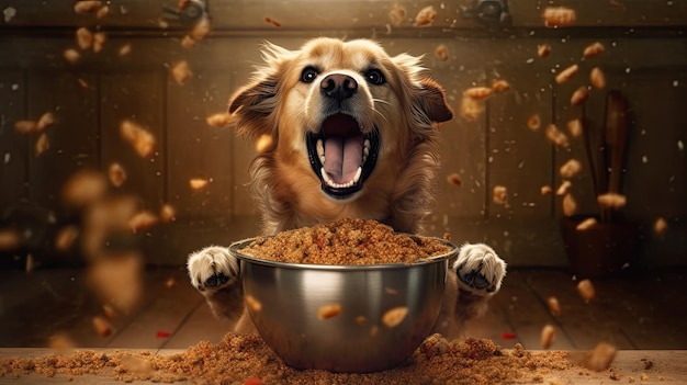 Vita domestica con animali Dare da mangiare a un cane affamato Il proprietario dà al suo cane una ciotola di granuli