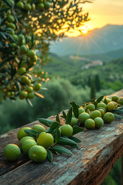 vita morta con olive verdi su un tavolo in un oliveto