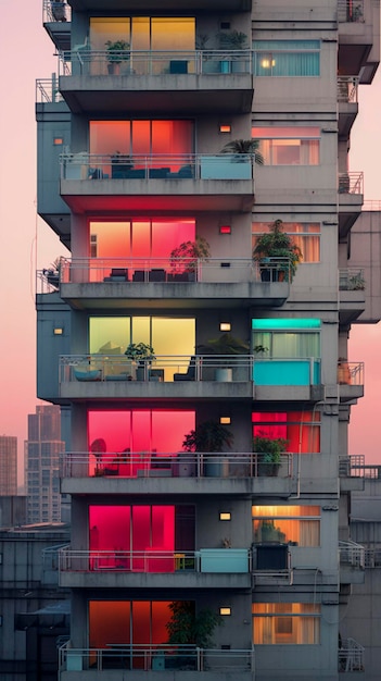 Vita movimentata in un alto edificio residenziale vista frontale IA generativa