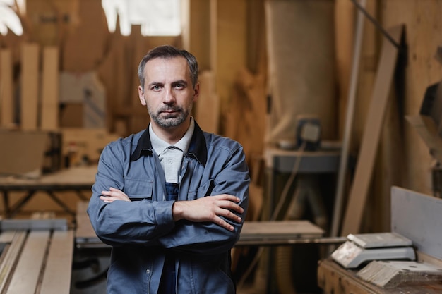 Vita ritratto di lavoratore maschio professionista in piedi nel negozio di falegnameria in fabbrica con braccia cros