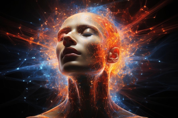 Vita spirituale e concetto esoterico Silhouette di testa umana con neuroni luminosi sullo sfondo scuro