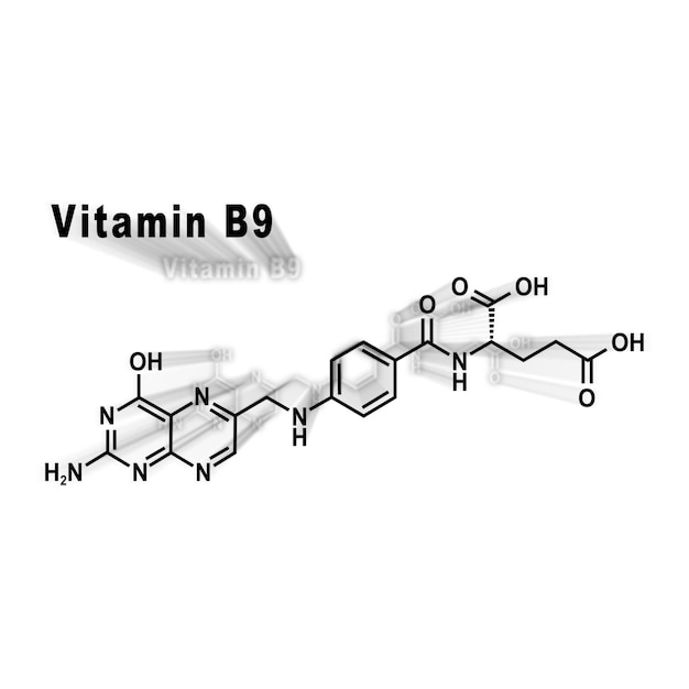 Vitamina B9, acido folico, formula chimica strutturale su sfondo bianco