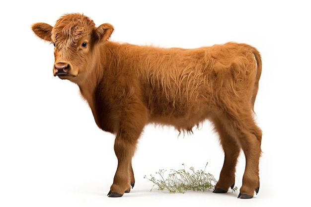 Vitello di bovini delle Highland su sfondo bianco