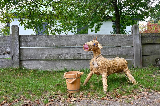 Vitello di paglia - installazione vicino alla casa nel villaggio ucraino