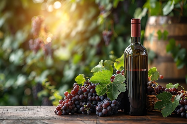 Viti con grappoli di uve nere e bottiglia di vino sul tema della vinificazione e della viticoltura