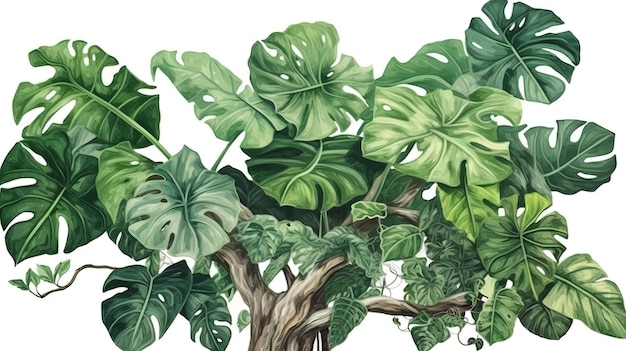 Viti della giungla verde con foglie che si arrampicano su un tronco d'albero con ai generativo