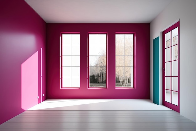 Viva il design del mockup della parete magenta in una stanza vuota con pavimento in legno e finestre francesi alte bianche