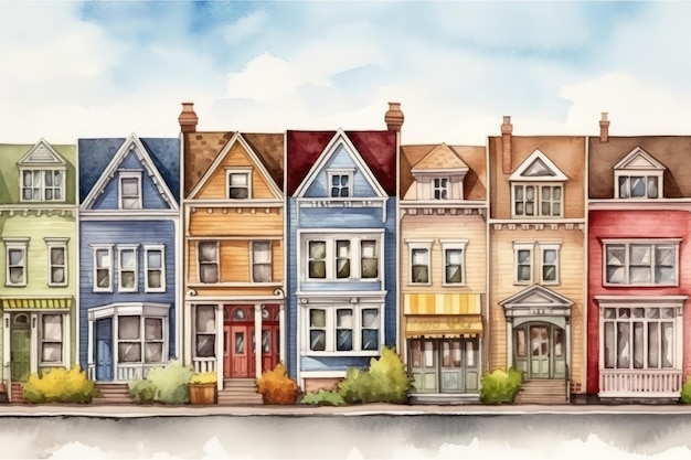 vivace città strada cittadina con diversi edifici colorati Illustrazione acquerello