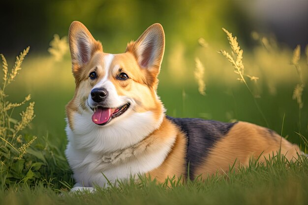 Vivace e contento di razza pura In una calda giornata estiva un cane Welsh Corgi è sdraiato sull'erba fuori