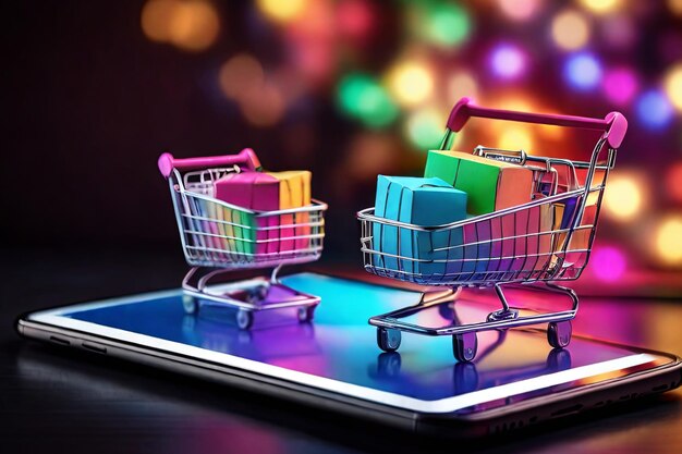 Vivace esperienza di shopping online Carrello pieno di scatole su cellulare e tablet