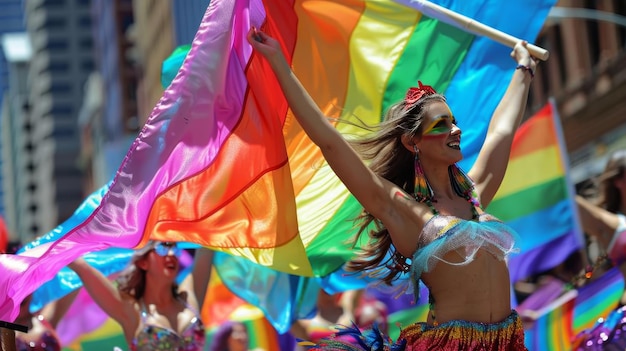 Vivace esposizione di bandiere arcobaleno e ballerini alla Mardi Gras Parade di Sydney