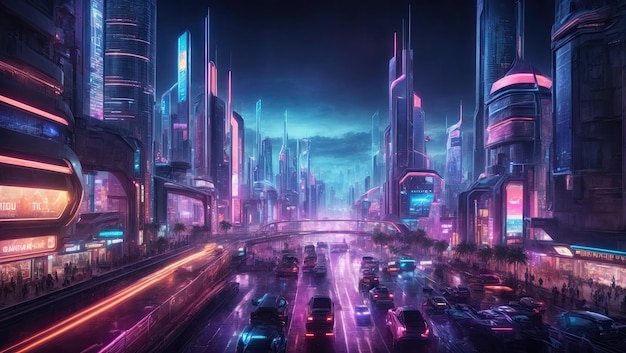 Vivace paesaggio urbano futuristico di notte