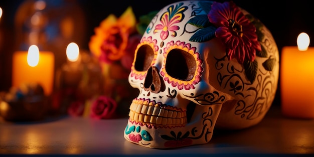 Vivace teschio decorato con cappello messicano che celebra il giorno messicano del Dia de Muertos