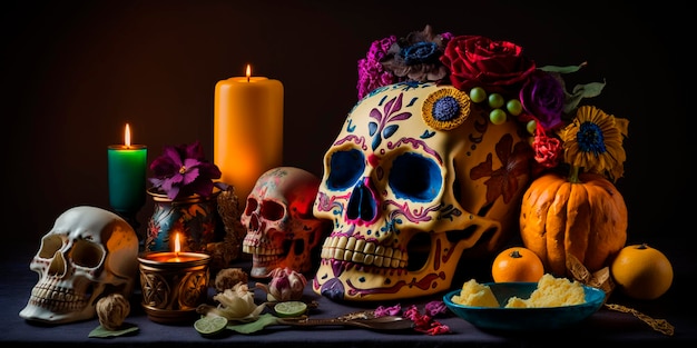 Vivace teschio decorato con cappello messicano che celebra il giorno messicano del Dia de Muertos